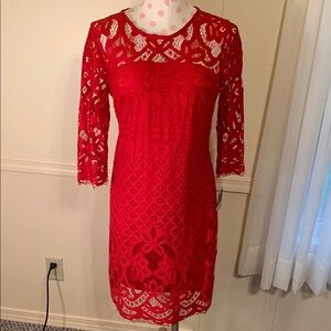 Just Taylor Elegant Red Lace Dress Sz 4 NEW Gorgeous body lined Sheer neck/Arms